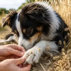 Un cane con tosse canina, sdraiato tra l'erba secca, mentre una mano gli toglie delle spighe dalla zampa.