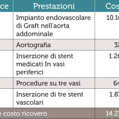 Tabella costi: impianto endovascolare aorta 10.169,1€, aortografia 325,1€, stent medicati 1.260,3€, procedure 3 vasi 645,5€, 3 stent vascolari 1.873,3€. Totale 14.273,3€.
