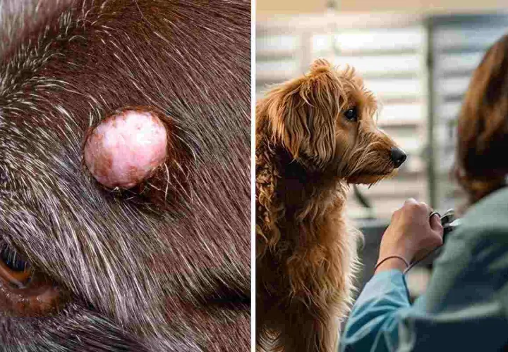 Primo piano di escrescenze su un cane anziano, accanto a un cane dal pelo lungo che guarda un veterinario.