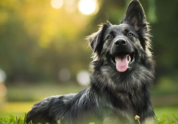 Cane sorridente in un prato. Anche con artrosi, un cane può vivere felice e a lungo.