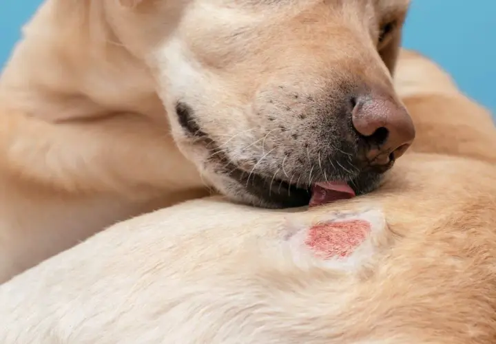 Un cane si lecca una zona arrossata sulla pelle, mostrando un'irritazione cutanea.