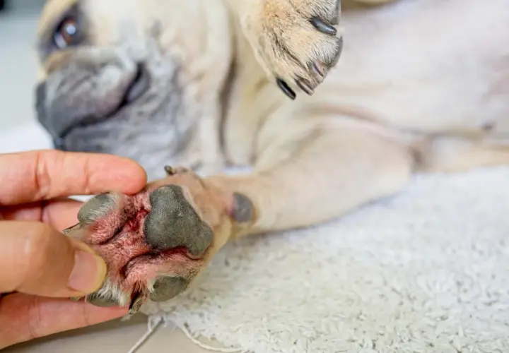 Zampa arrossata e irritata di un cane, possibile sintomo di un cane allergico alle crocchette.