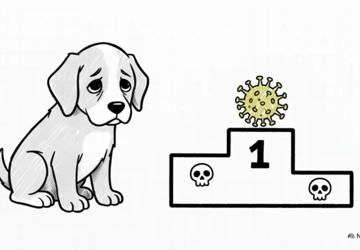 Cagnolino triste guarda un podio con un virus al primo posto e teschi ai lati. Forse cerca un antibiotico per cimurro cane.