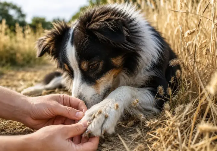 Un cane con tosse canina, sdraiato tra l'erba secca, mentre una mano gli toglie delle spighe dalla zampa.
