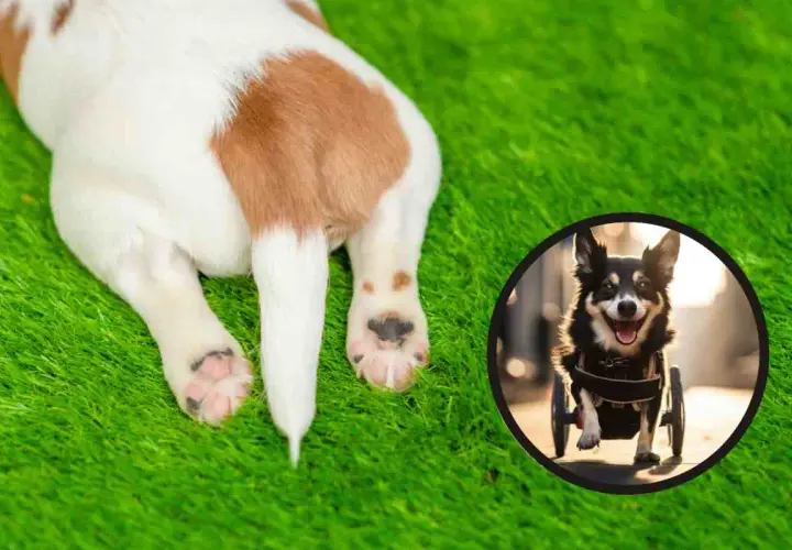 Un cane con atrofia muscolare, che usa un carrellino, corre felice sull'erba.
