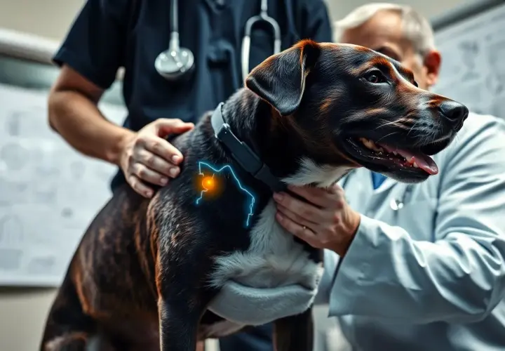Veterinario esamina un cane con possibile displasia dell'anca. La postura del cane e un simbolo di dolore indicano disagio.