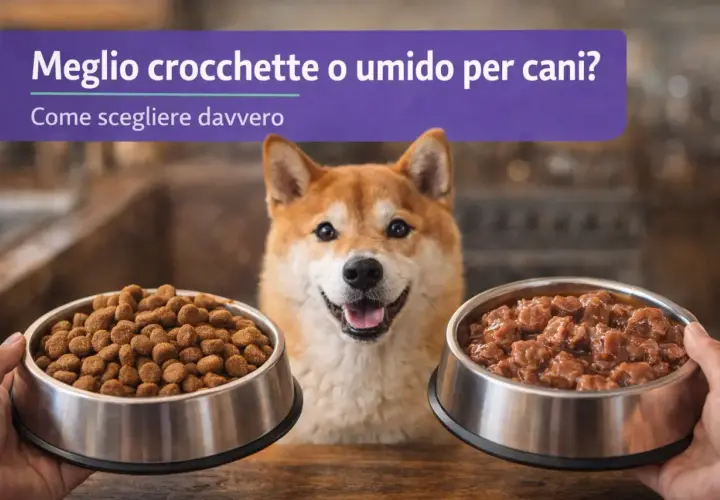 Un cane sorridente tra due ciotole: una di crocchette e una di umido. Meglio crocchette o umido per cani? La scelta giusta per il tuo amico a quattro zampe.