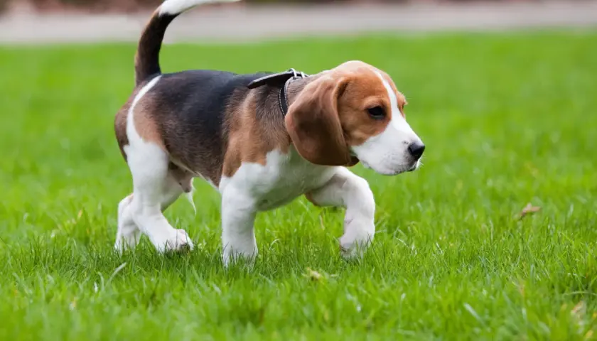 Un beagle corre sull'erba, il mio cane zoppica ma corre con gioia, la sua coda bianca si alza fiera.