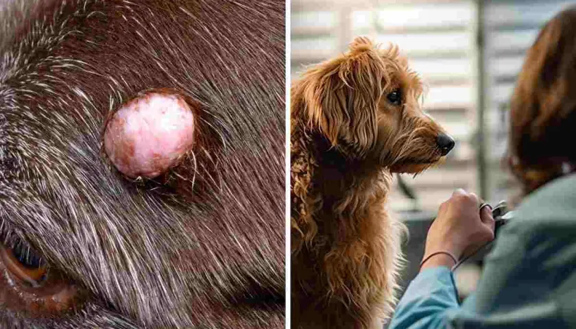 Primo piano di escrescenze su un cane anziano, accanto a un cane dal pelo lungo che guarda un veterinario.