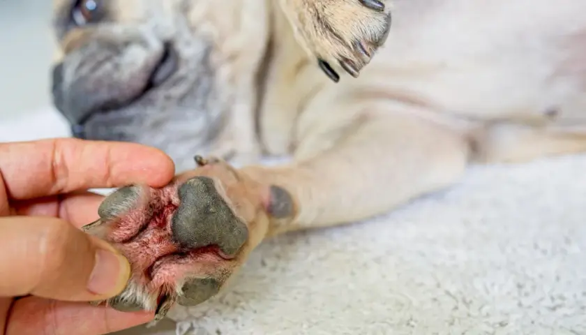 Zampa arrossata e irritata di un cane, possibile sintomo di un cane allergico alle crocchette.
