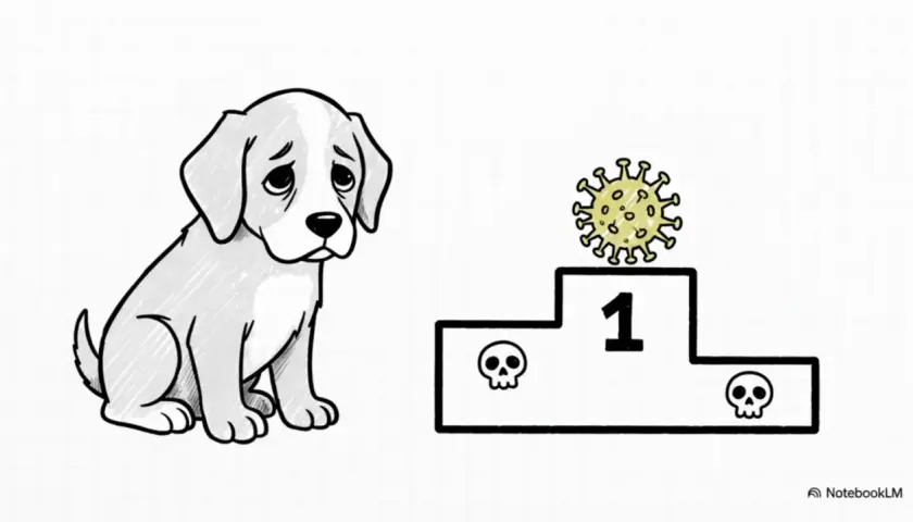 Cagnolino triste guarda un podio con un virus al primo posto e teschi ai lati. Forse cerca un antibiotico per cimurro cane.