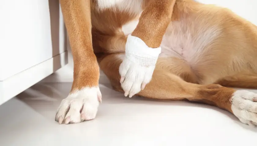 Cosa fare se il cane zoppica? La zampa anteriore è fasciata, suggerendo un infortunio.