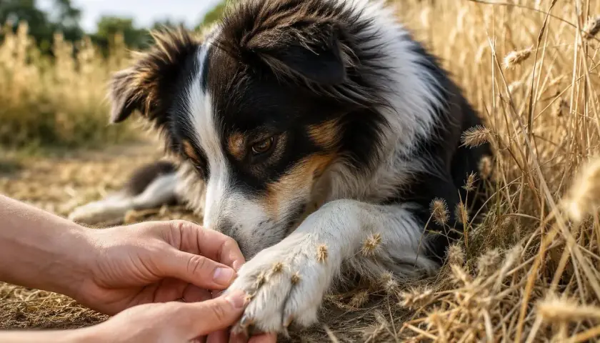 Un cane con tosse canina, sdraiato tra l'erba secca, mentre una mano gli toglie delle spighe dalla zampa.