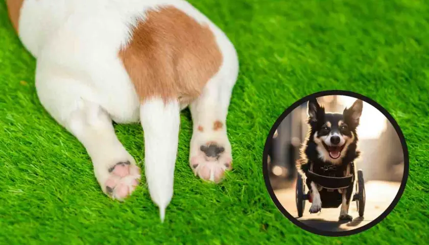 Un cane con atrofia muscolare, che usa un carrellino, corre felice sull'erba.