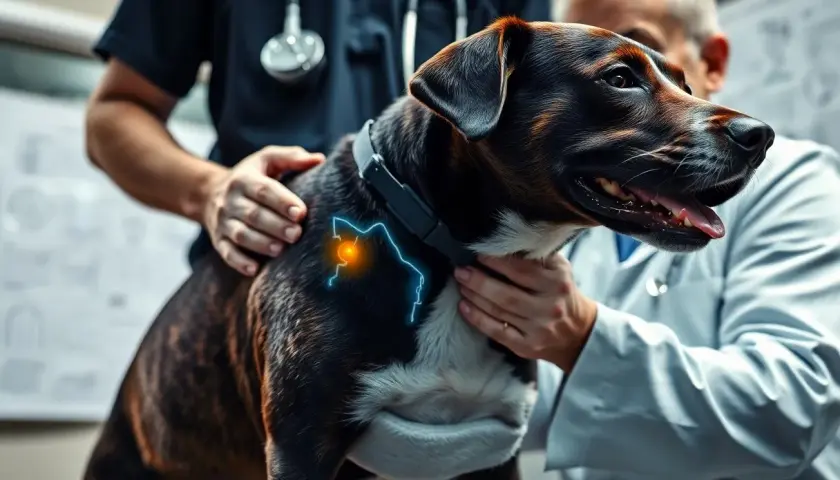 Veterinario esamina un cane con possibile displasia dell'anca. La postura del cane e un simbolo di dolore indicano disagio.