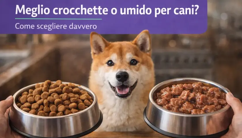 Un cane sorridente tra due ciotole: una di crocchette e una di umido. Meglio crocchette o umido per cani? La scelta giusta per il tuo amico a quattro zampe.