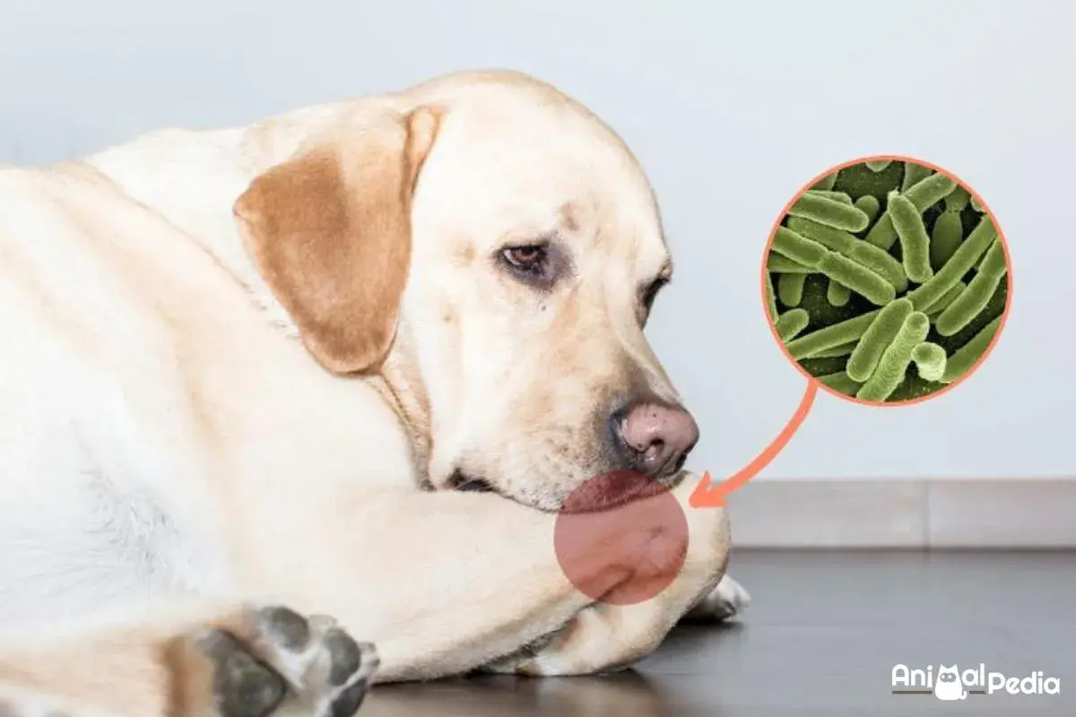 Cane con segno rosso su zampa, zoom su batteri. Possibile osteomielite cane.