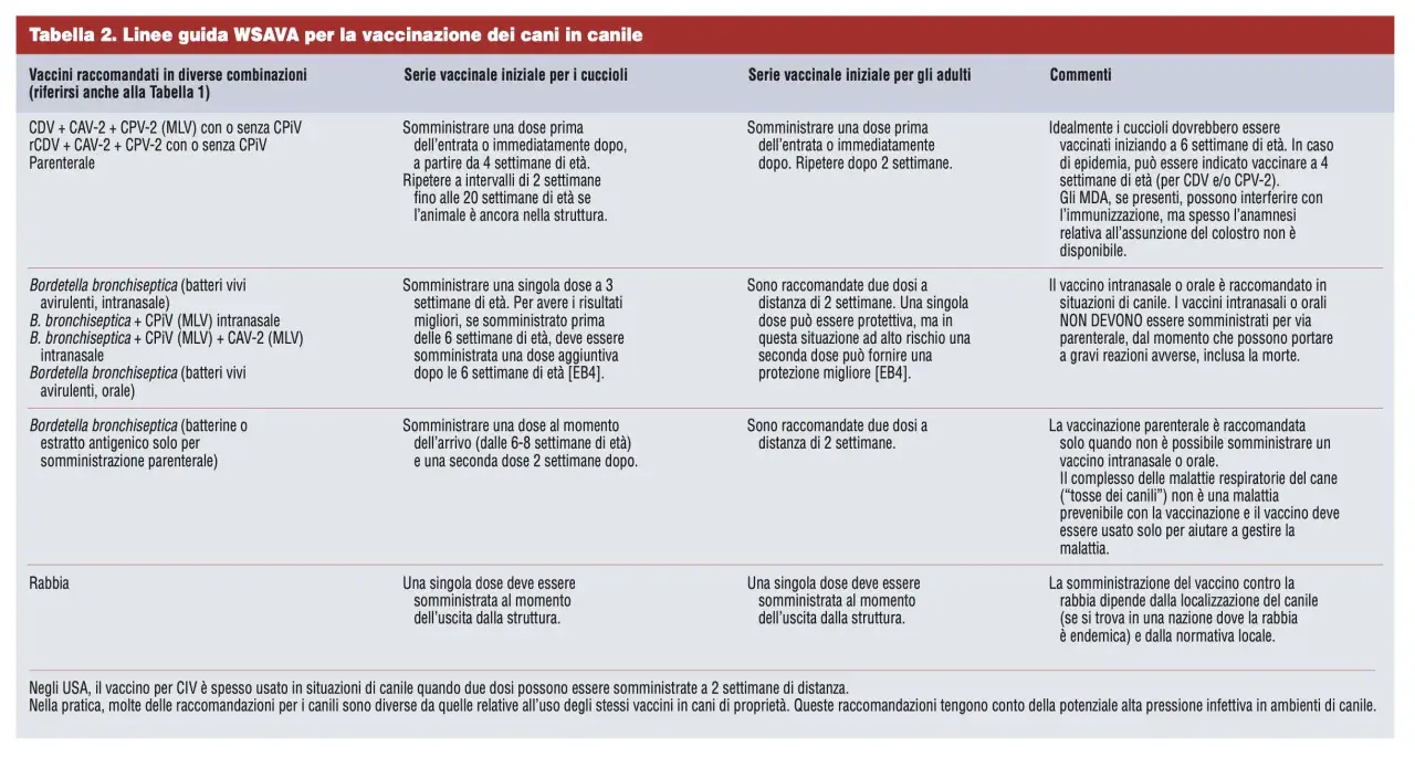 Table showing dog vaccination guidelines, including vaccine types, schedules, and comments.