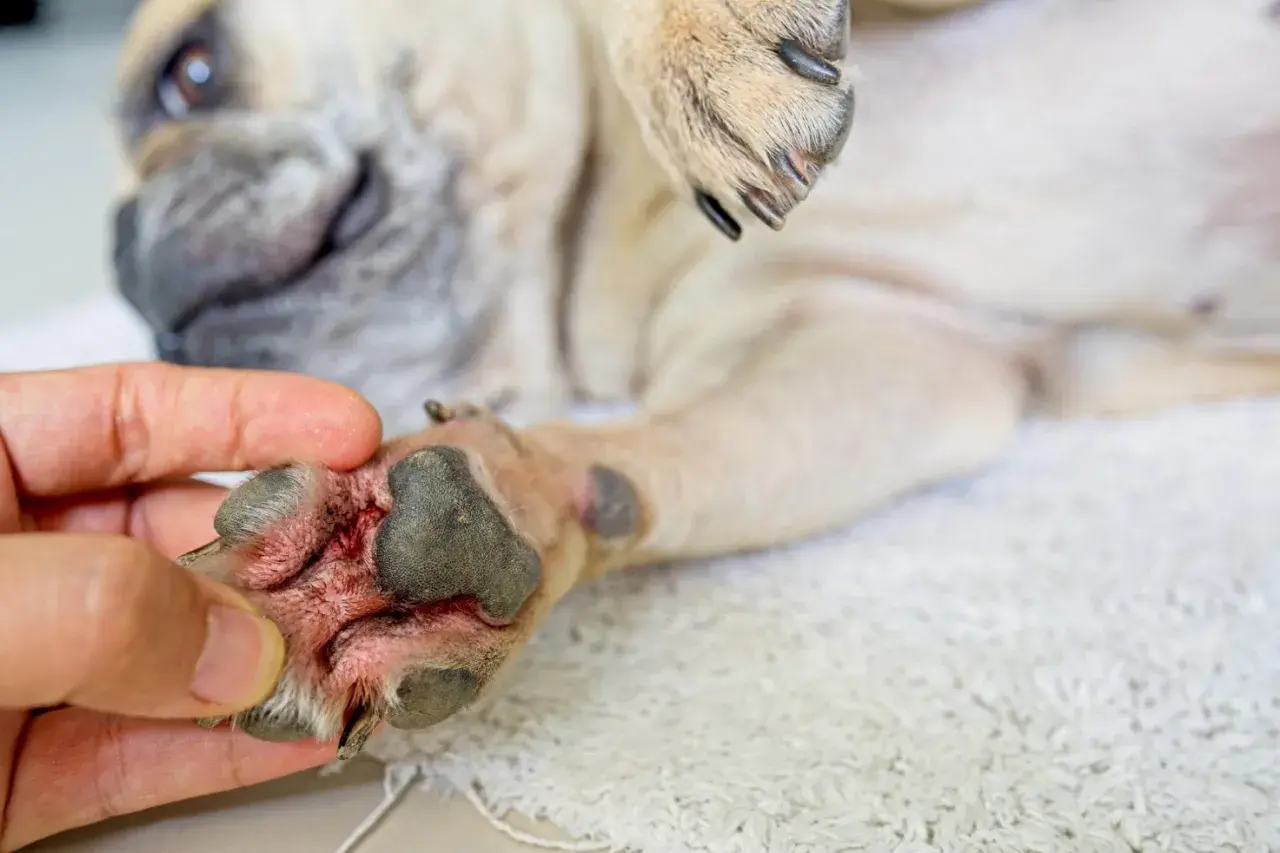 Zampa arrossata e irritata di un cane, possibile sintomo di un cane allergico alle crocchette.