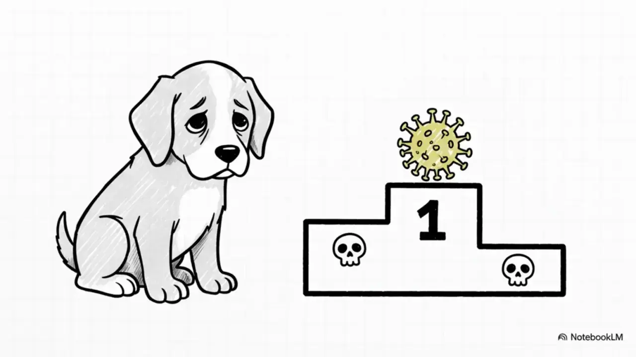 Cagnolino triste guarda un podio con un virus al primo posto e teschi ai lati. Forse cerca un antibiotico per cimurro cane.