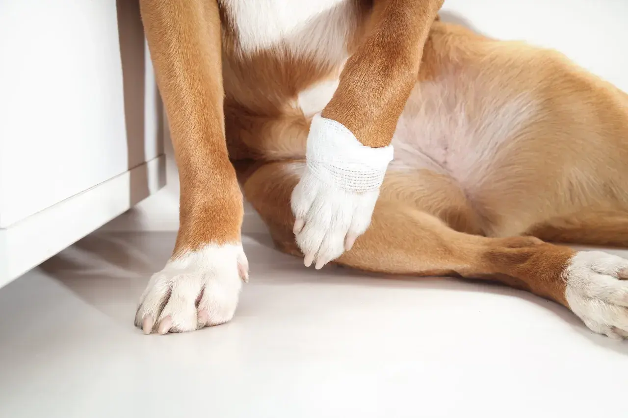 Cosa fare se il cane zoppica? La zampa anteriore è fasciata, suggerendo un infortunio.