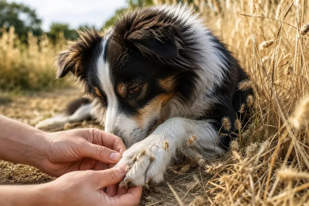 Un cane con tosse canina, sdraiato tra l'erba secca, mentre una mano gli toglie delle spighe dalla zampa.