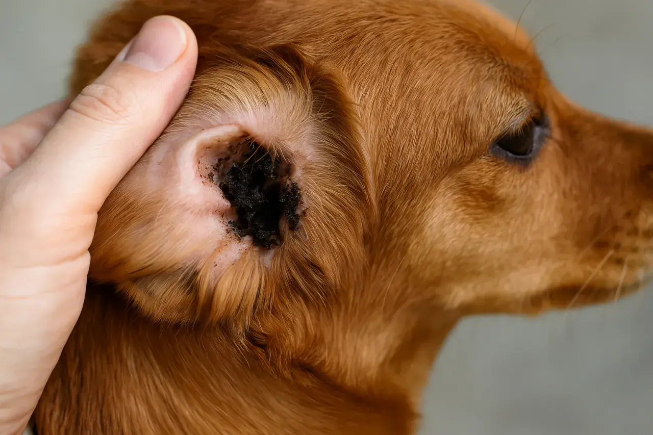 Orecchio di cane con necrosi punta, scuro e sporco. La cura per la necrosi punta orecchie cane è fondamentale per il benessere dell'animale.
