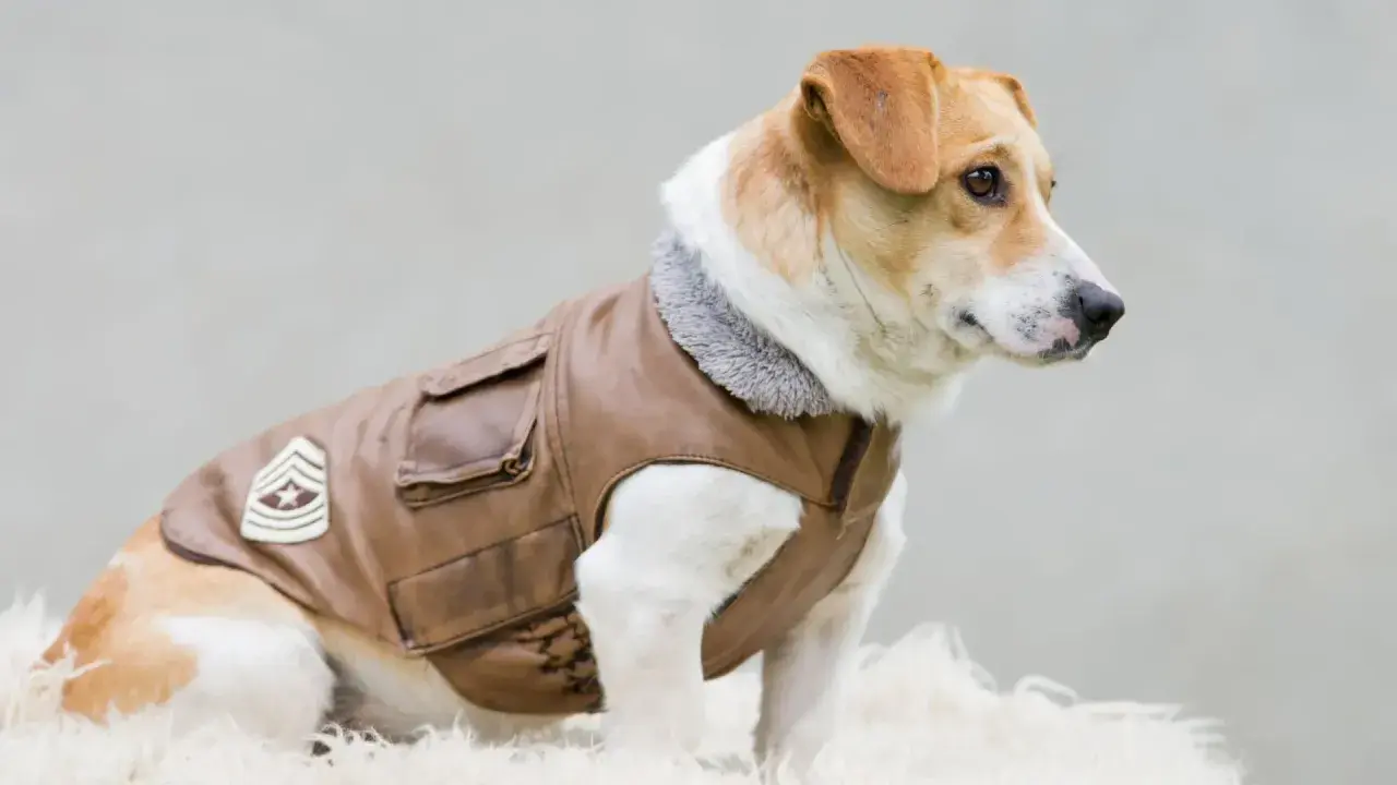 Un cane con giacca in pelle marrone, colletto grigio e distintivo militare. Sembra pronto per un'avventura, forse per cercare ghiaccio ai cani in una giornata calda.