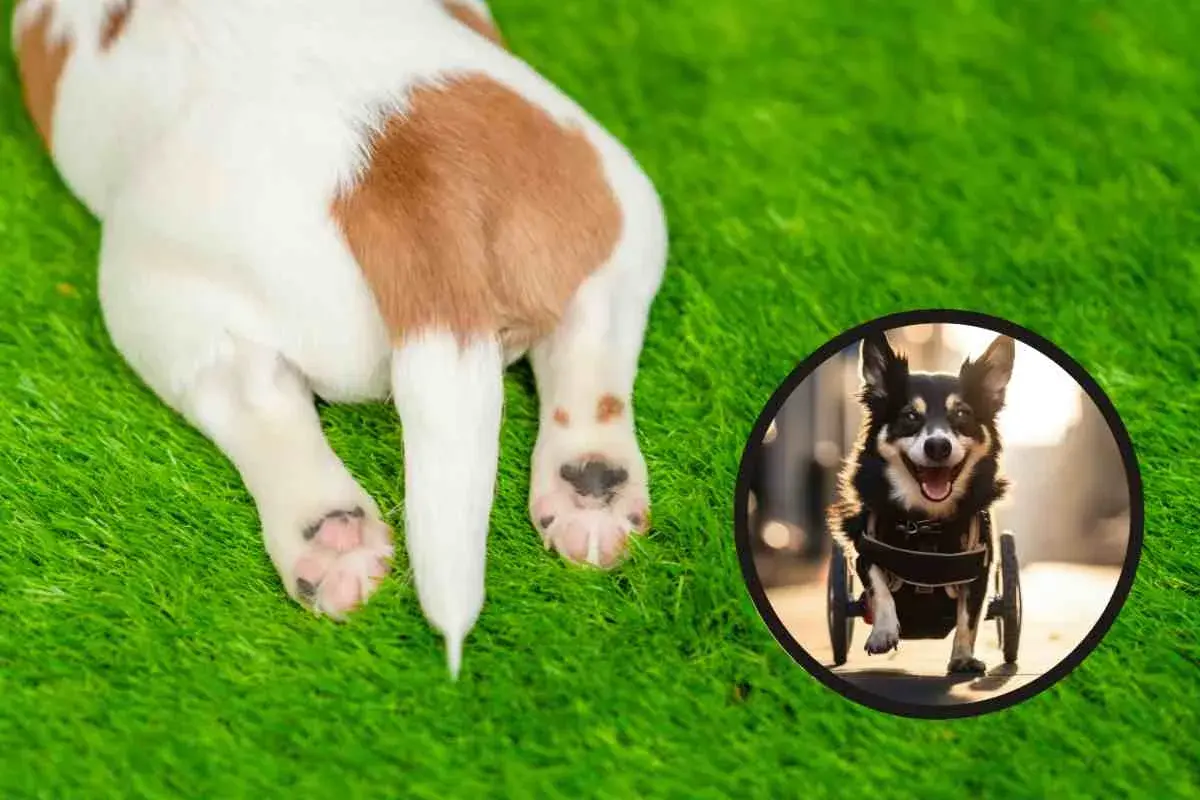 Un cane con atrofia muscolare, che usa un carrellino, corre felice sull'erba.