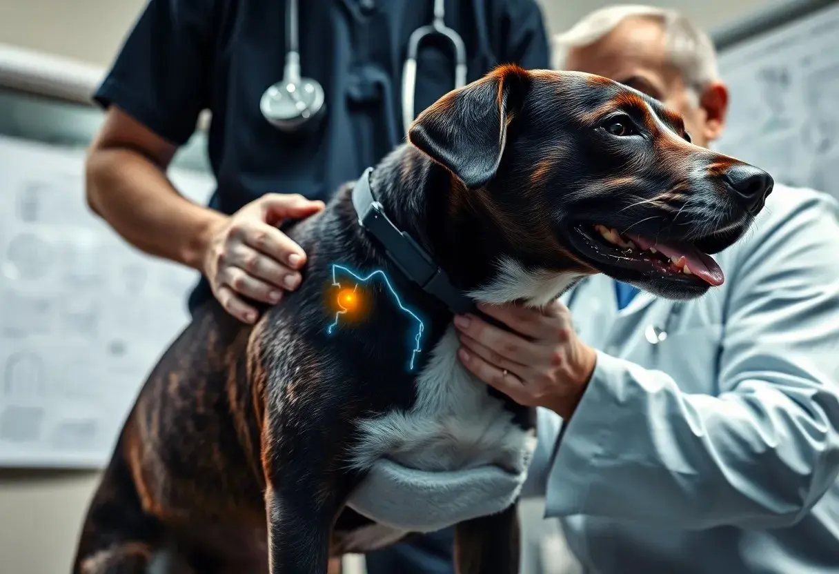 Veterinario esamina un cane con possibile displasia dell'anca. La postura del cane e un simbolo di dolore indicano disagio.