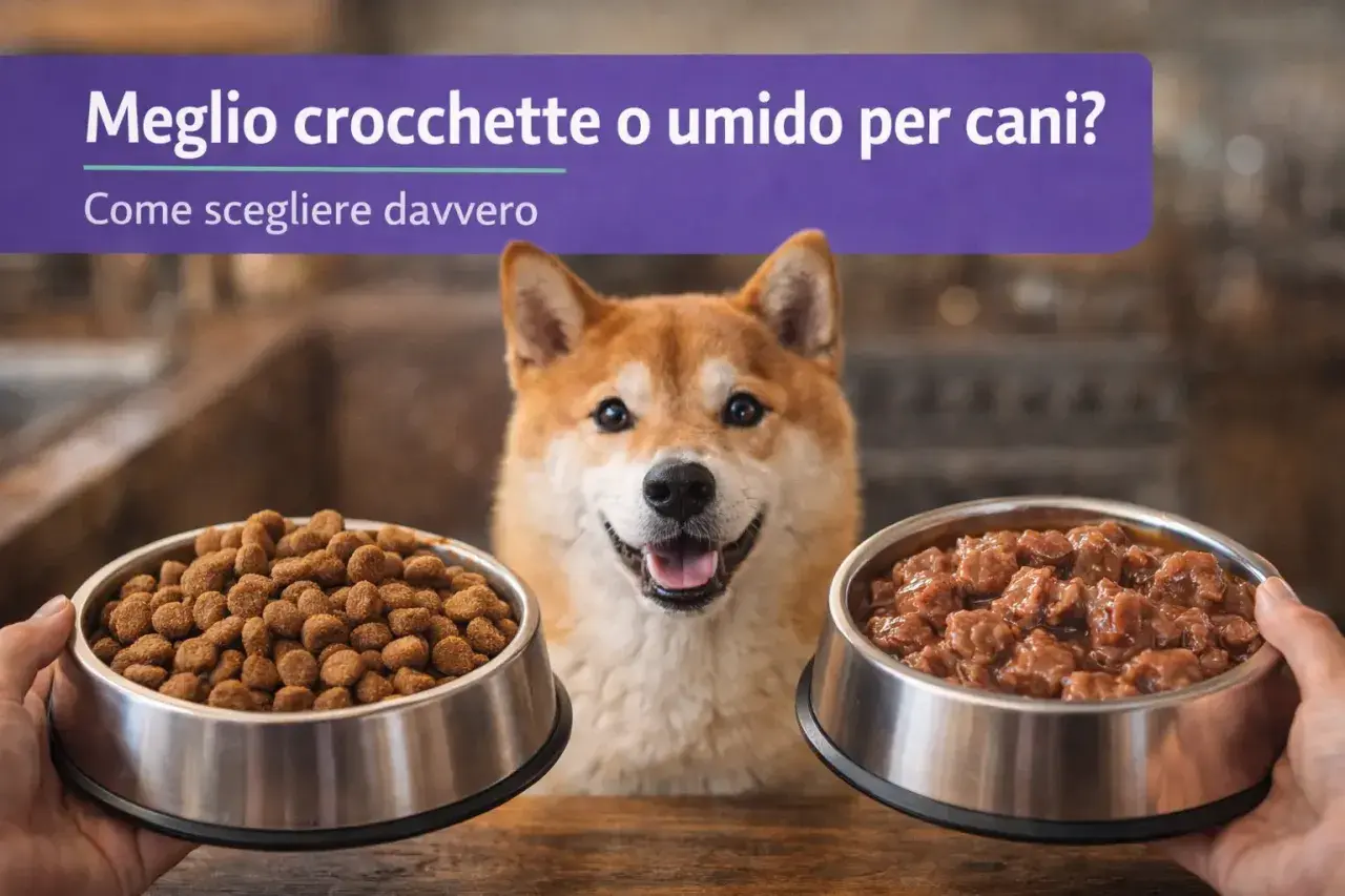 Un cane sorridente tra due ciotole: una di crocchette e una di umido. Meglio crocchette o umido per cani? La scelta giusta per il tuo amico a quattro zampe.