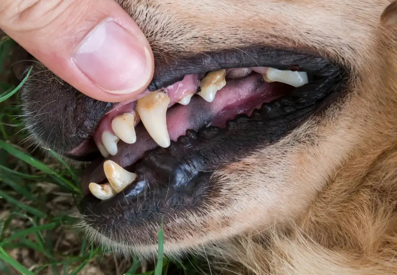 Denti ingialliti e gengive nere in un cane. La bocca &egrave; aperta, mostrando i denti sporchi e le gengive scure, segno di possibile malattia.