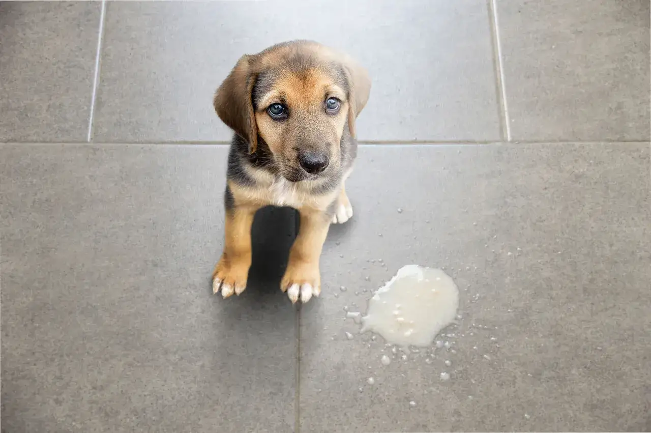 Cucciolo con espressione preoccupata accanto a un rigurgito, possibili sintomi di gastrite nel cane.