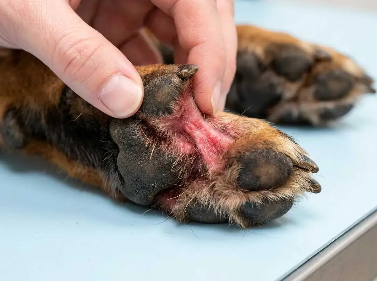 Un dito esamina le zampe rosse di un cane, mostrando un'irritazione tra le dita.