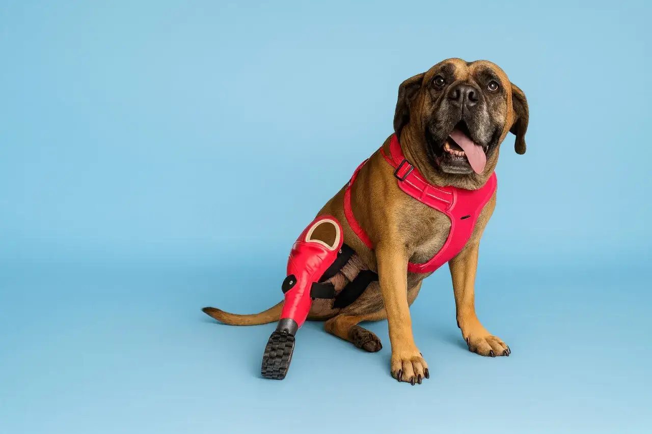 Cane con protesi zampa rossa, un aiuto per muoversi. Il protesi zampa cane costo varia.